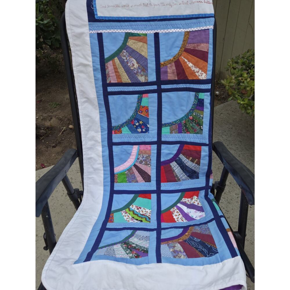 Vtg Beautiful Grandmothers Dresden Fan Size 52x41 John 3:16 Script *Small Rips